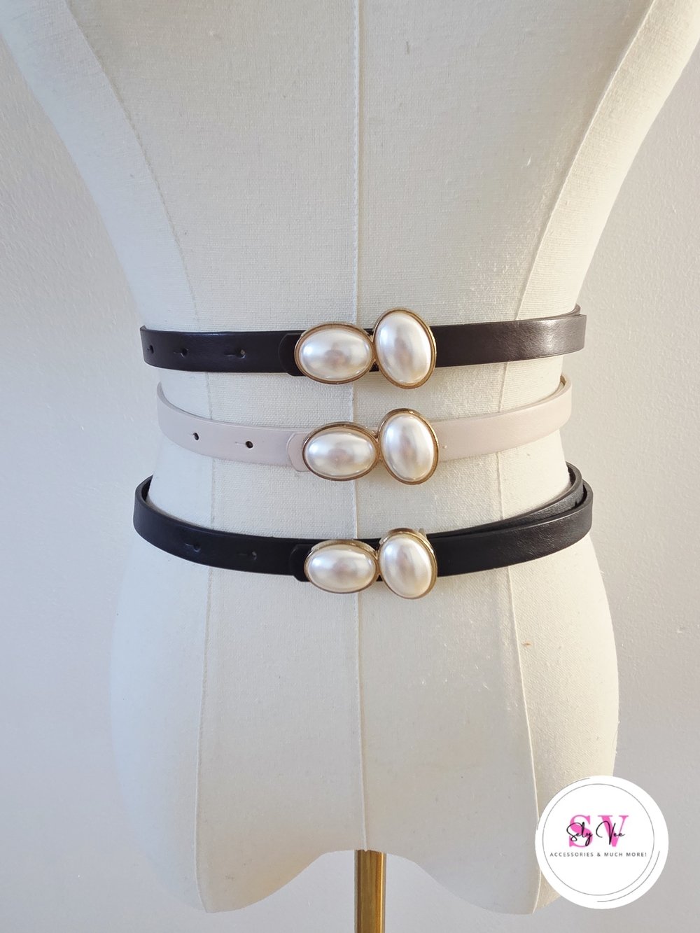 Pearl Buckle Thin Belt - Black, Brown, Blush